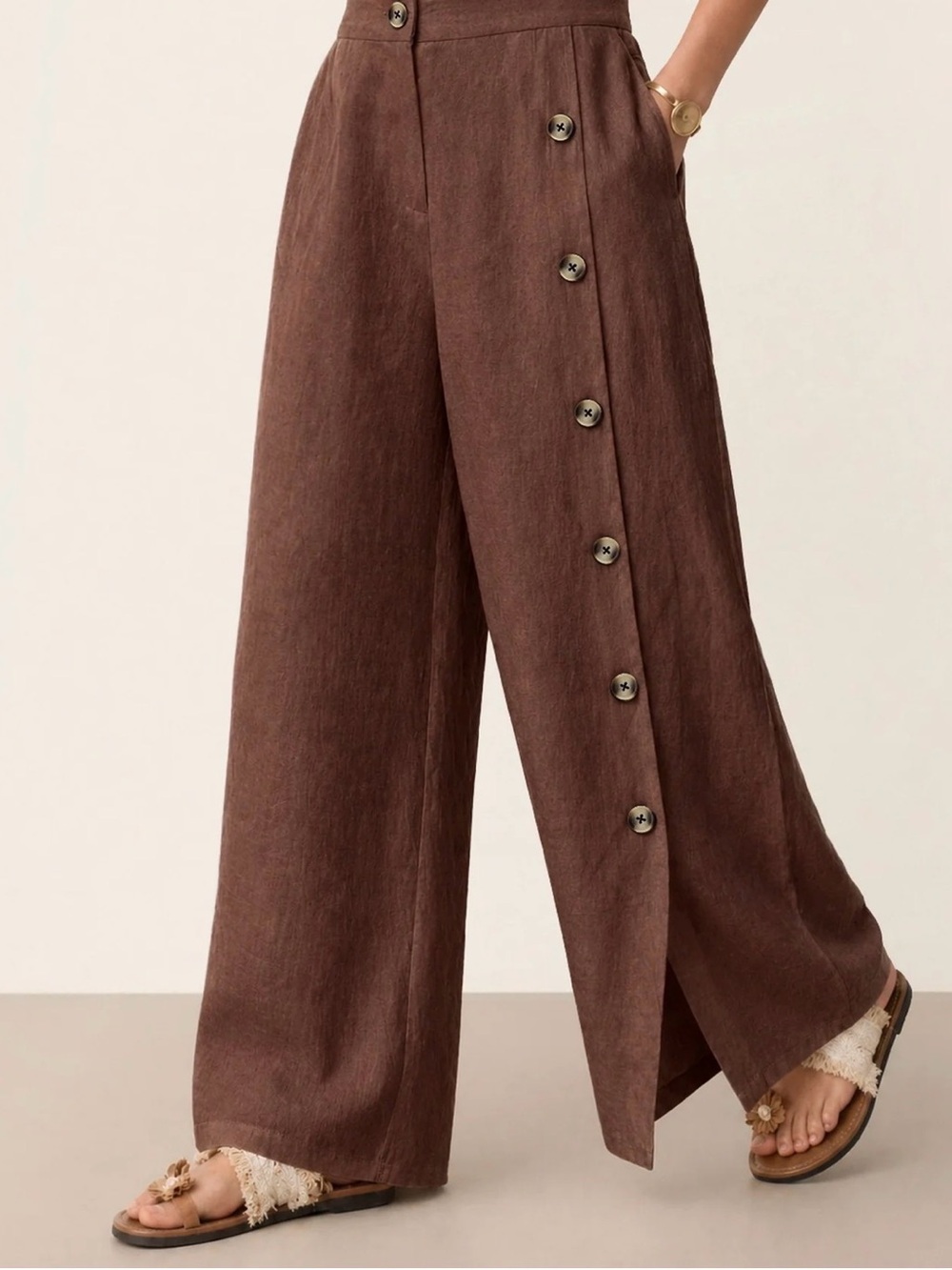 Wide-Leg Button-Trim Pants brown or green